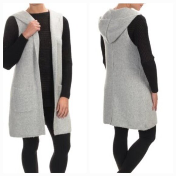 Tahari Open Front Long Wool Blend Hooded Sleeveless Cardigan Sweater Vest - Picture 1 of 14